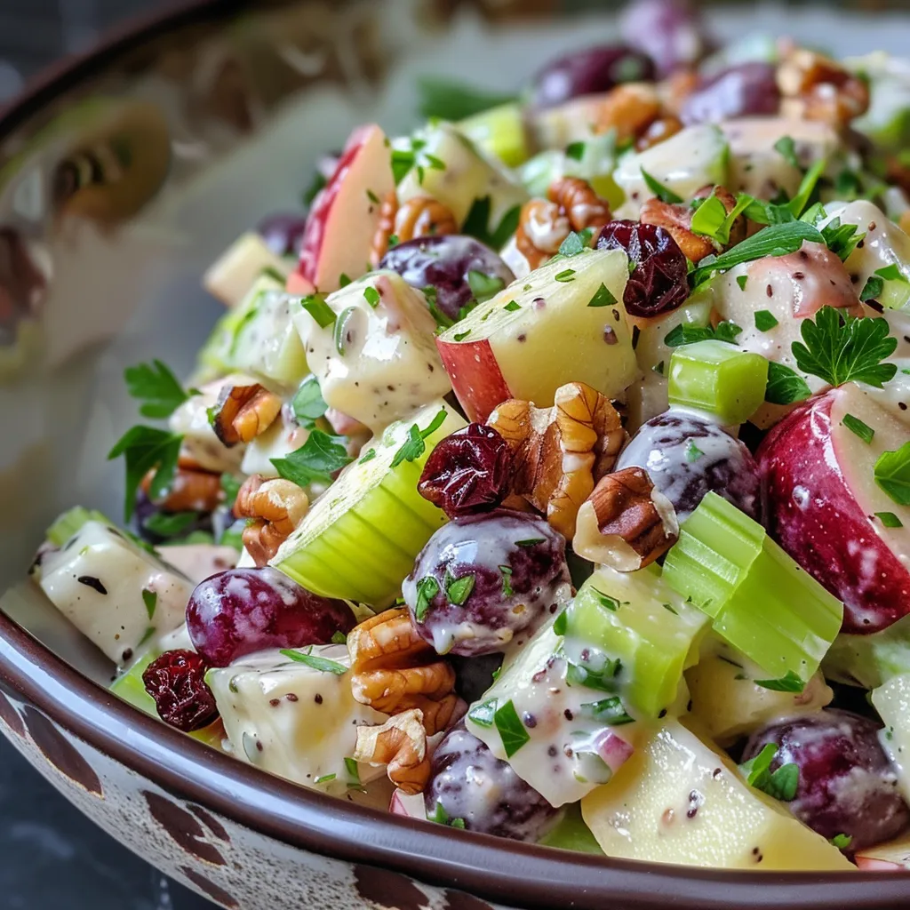 A side view of a colorful Waldorf salad featuring chopped vegetables and fruits in a bowl.