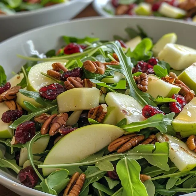 A close-up view of a vibrant harvest salad featuring arugula, sliced apples, cranberries, and candied pecans.