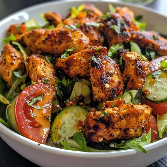 A vibrant close-up of Honey Hot Chicken Salad featuring chunks of chicken and fresh greens.