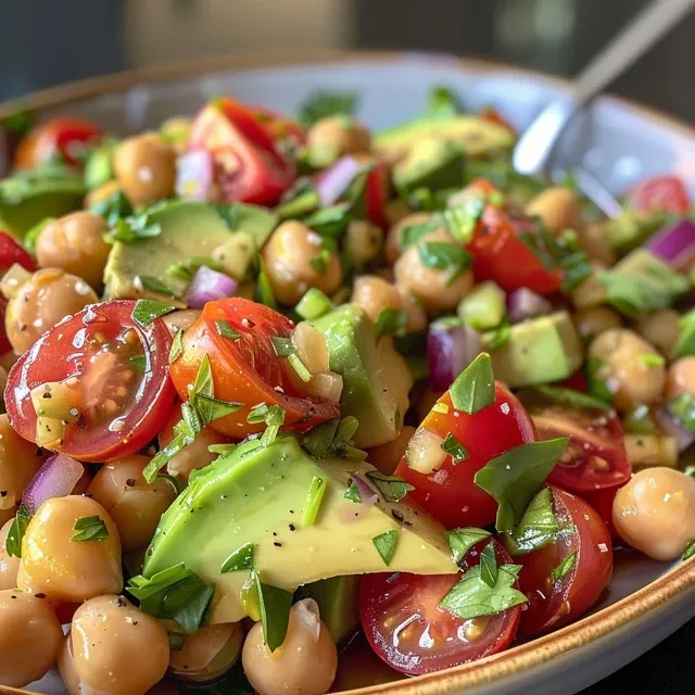 Close-up view of a vibrant avocado and chickpea salad with grape tomatoes.