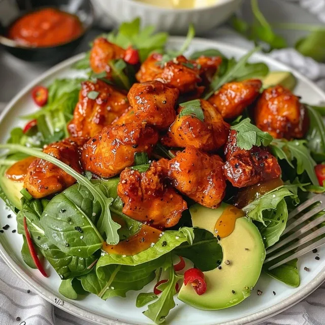 A close-up view of Spicy Sweet Honey Hot Chicken Salad, highlighting juicy chicken cubes and colorful vegetables.