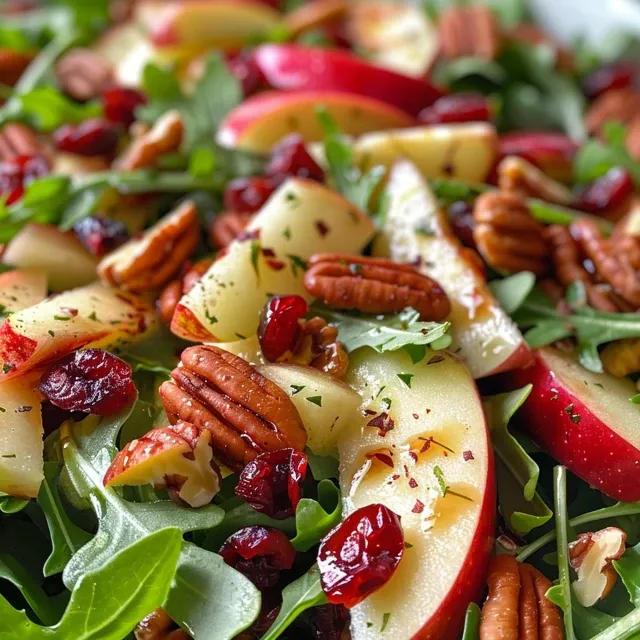 A fresh salad garnished with diced apples, dried cranberries, and crunchy pecans on a wooden table.