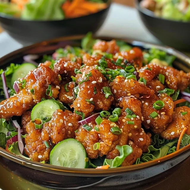 Side view of a colorful Honey Hot Chicken Salad served in a bowl with honey drizzle.