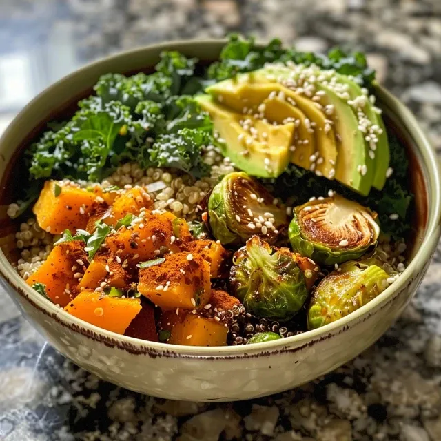 Close-up view of a vibrant quinoa bowl topped with avocado and drizzled dressing.