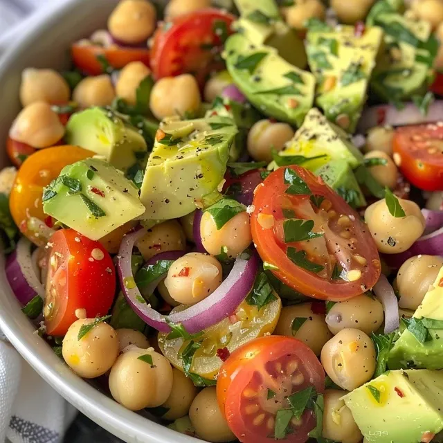 Close-up view of a colorful salad with chickpeas and fresh ingredients like cucumbers and red onion.