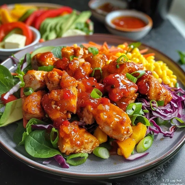 Side angle of a vibrant Spicy Sweet Honey Hot Chicken Salad featuring crispy chicken and a honey glaze.
