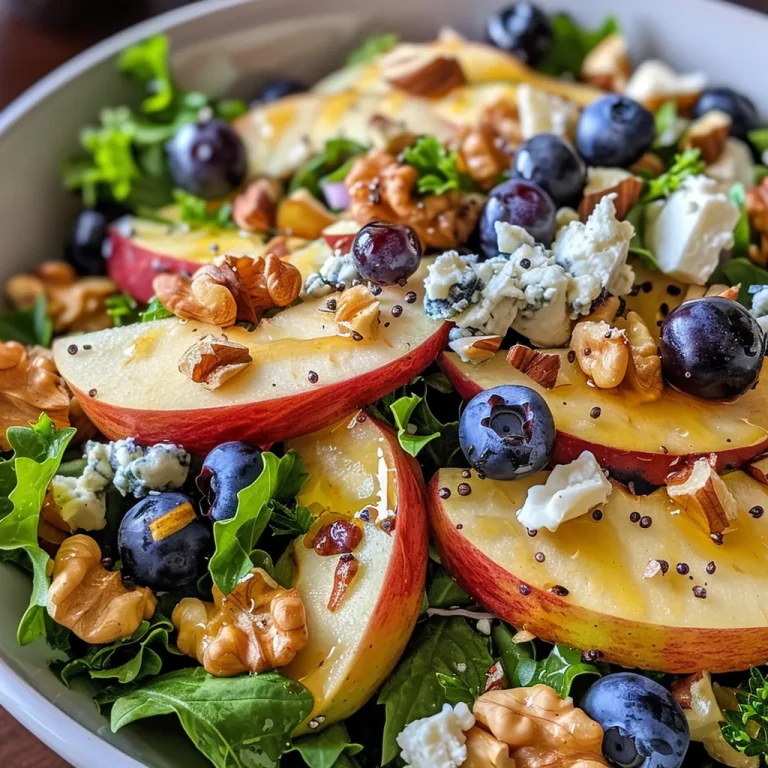 Close-up of a vibrant Apple Blueberry Salad with fresh greens and toppings.