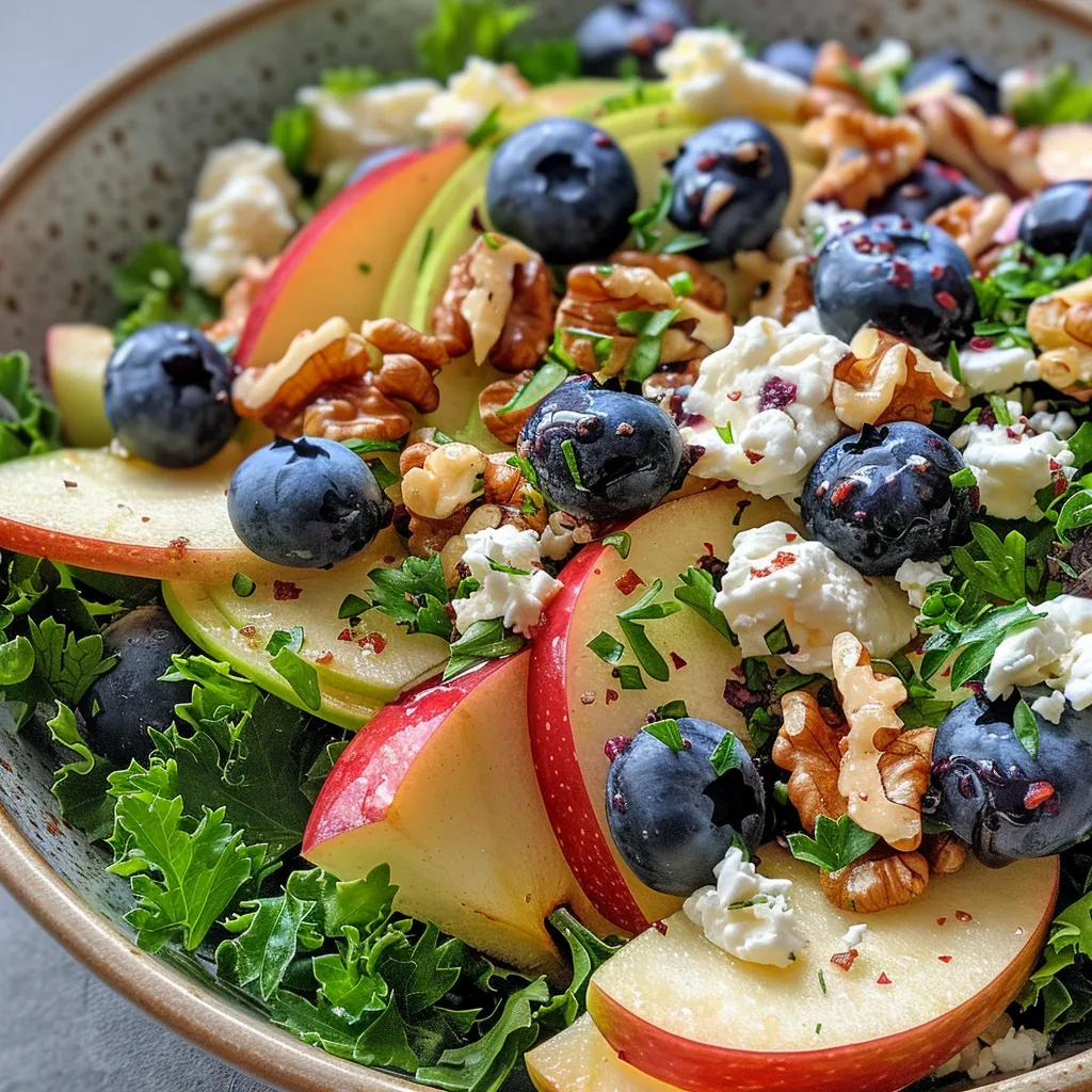 A delicious salad featuring apple slices, blueberries, and crumbled cheese on a plate.