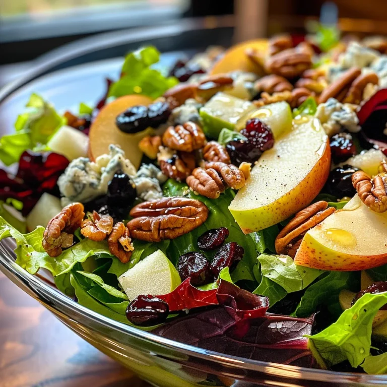 Close-up view of a vibrant apple pecan salad on a wooden table.