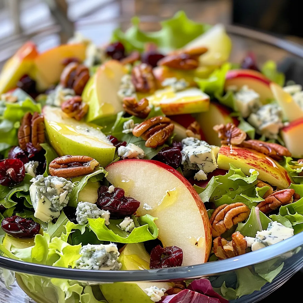 Side view of a fresh salad featuring diced apples, pecans, and greens.
