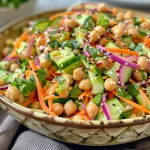 Close-up of a vibrant Asian Cucumber and Chickpea Slaw in a bowl, showcasing fresh ingredients.
