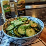 Close-up view of a vibrant Asian cucumber salad with thinly sliced cucumbers and sesame seeds.