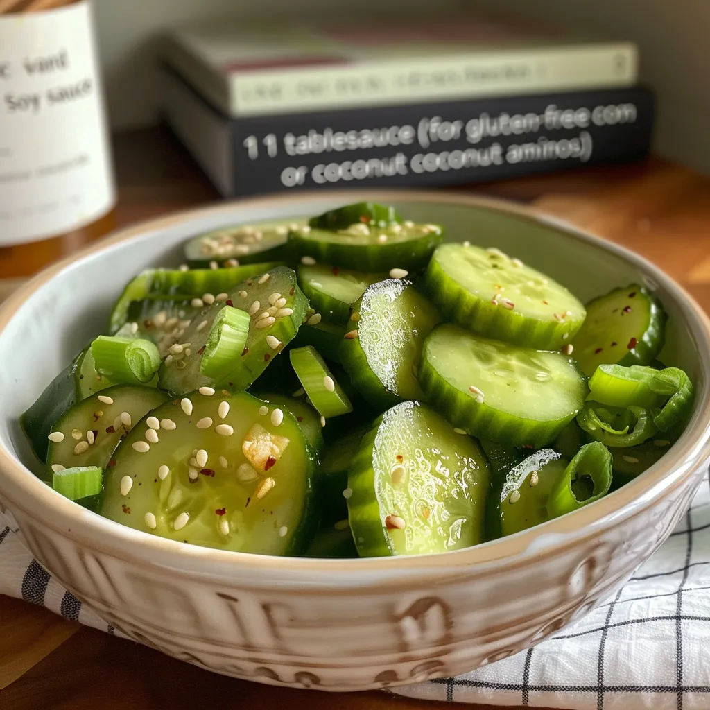 Side photo of a refreshing Asian cucumber salad featuring sliced cucumbers and a glossy dressing.