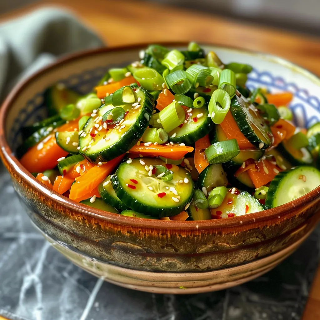 Side view of a colorful salad featuring cucumbers, carrots, and sesame seeds.