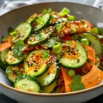 Close-up view of an Asian Sesame Cucumber Salad with vibrant colors.