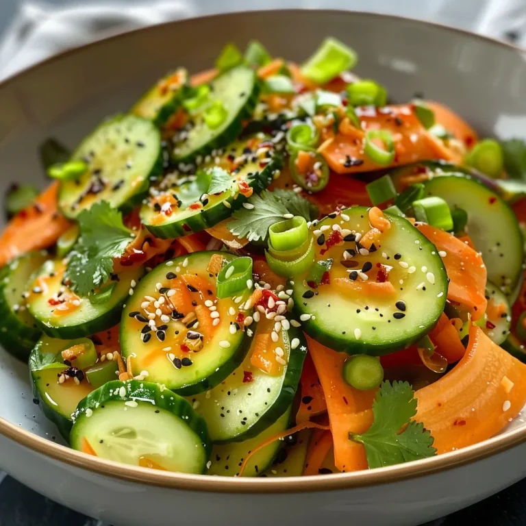 Close-up view of an Asian Sesame Cucumber Salad with vibrant colors.