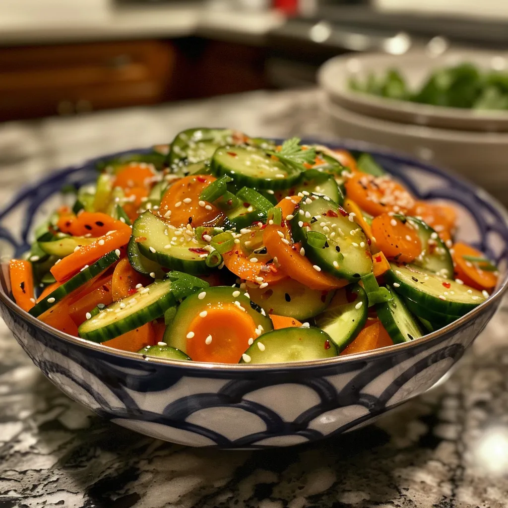 Freshly prepared Asian Sesame Cucumber Salad featuring cucumbers and carrots.