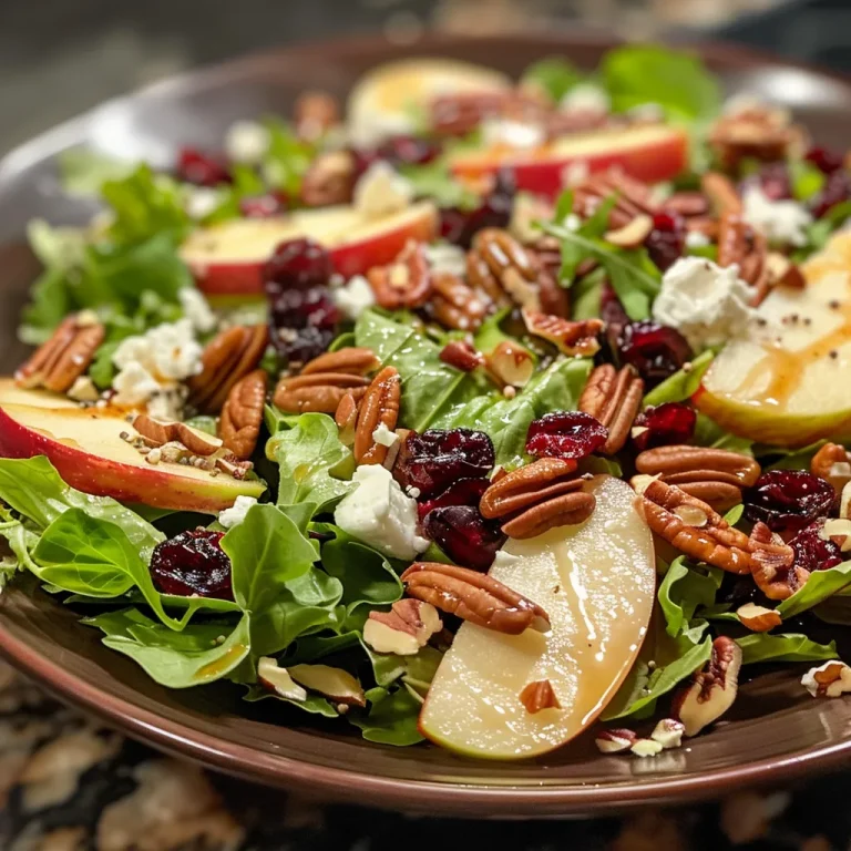 Close-up view of an autumn harvest salad featuring mixed greens with apple slices, cranberries, and pecans.