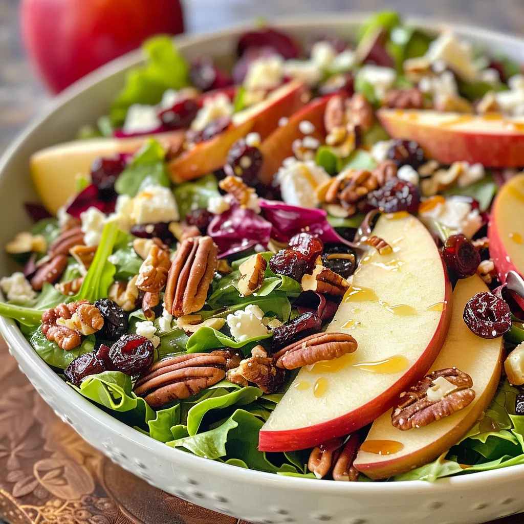 Side angle of a colorful salad showcasing fresh ingredients typical of autumn, with vibrant greens and fruits.