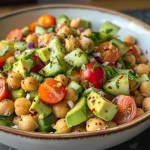 A vibrant salad featuring diced avocados, chickpeas, halved cherry tomatoes, and cucumber in a bowl.