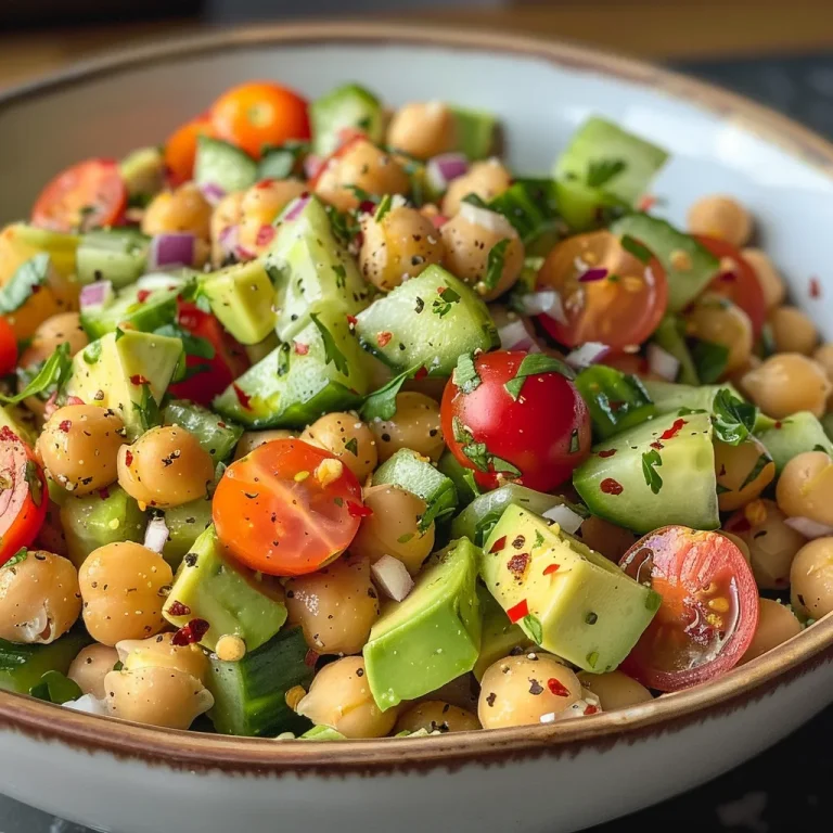 A vibrant salad featuring diced avocados, chickpeas, halved cherry tomatoes, and cucumber in a bowl.