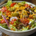 A close-up view of a Big Mac Salad, showcasing juicy ground beef, vibrant lettuce, and colorful toppings.