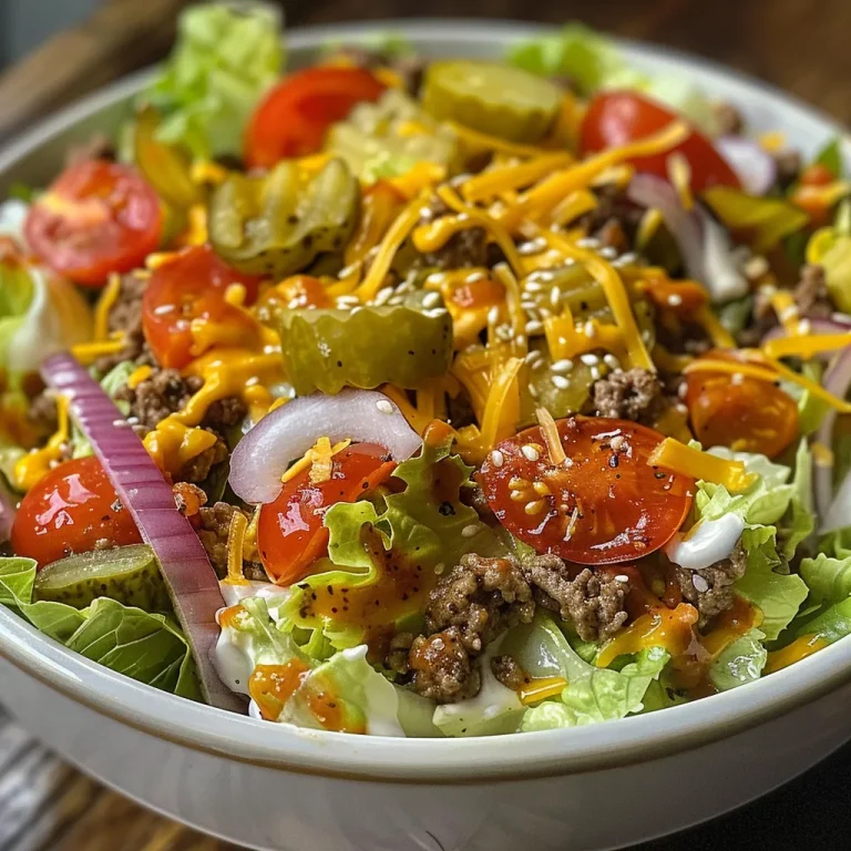 Close-up view of a Big Mac Salad featuring ground beef, lettuce, and toppings.