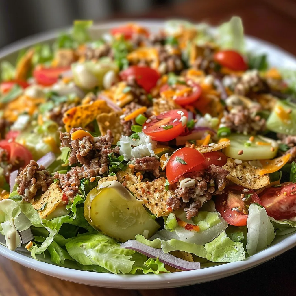 Side view of a hearty Big Mac Salad, featuring ground beef, cheddar cheese, and fresh vegetables in a bowl.