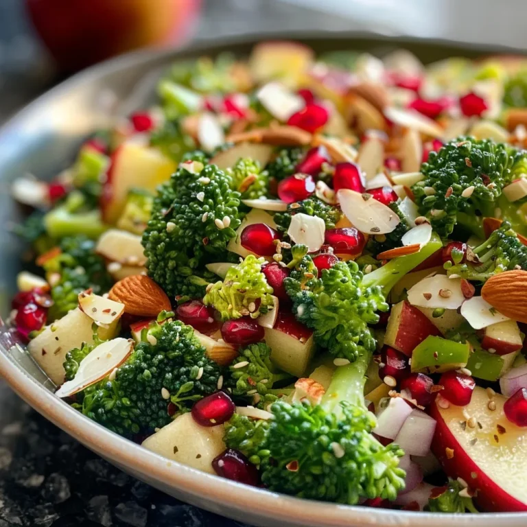 Close-up of a vibrant Broccoli Crunch Salad with creamy almond butter dressing.