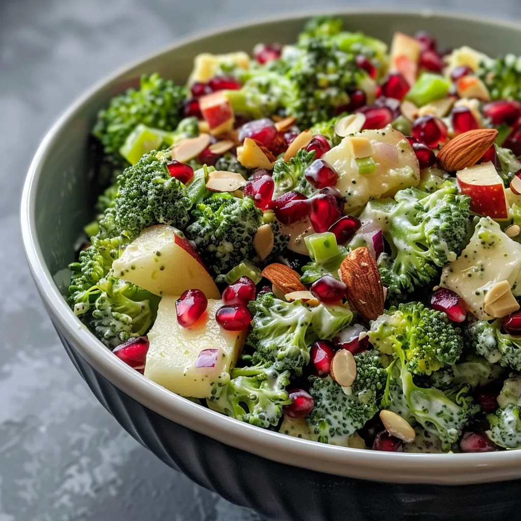 Side view of a fresh Broccoli Crunch Salad with vibrant ingredients including fruits and nuts.