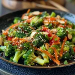 Close-up of a vibrant broccoli salad with sesame dressing and colorful vegetables.