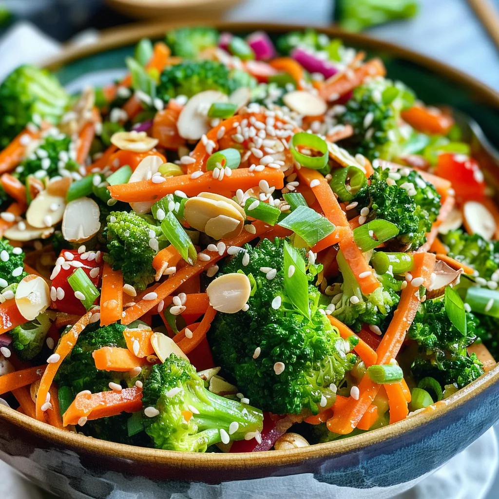 Side view of crispy Asian sesame broccoli salad featuring bright green florets and carrots.