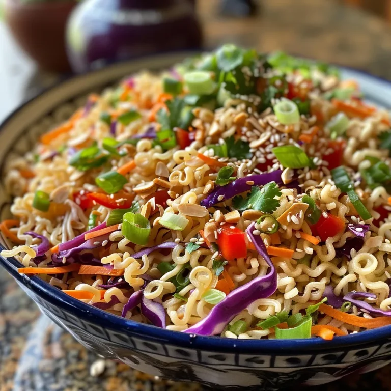 Close-up view of a vibrant Crunchy Asian Ramen Noodle Salad in a bowl.