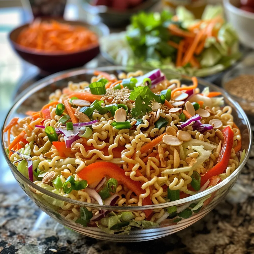 Side perspective of a colorful salad featuring ramen noodles, greens, and toppings.