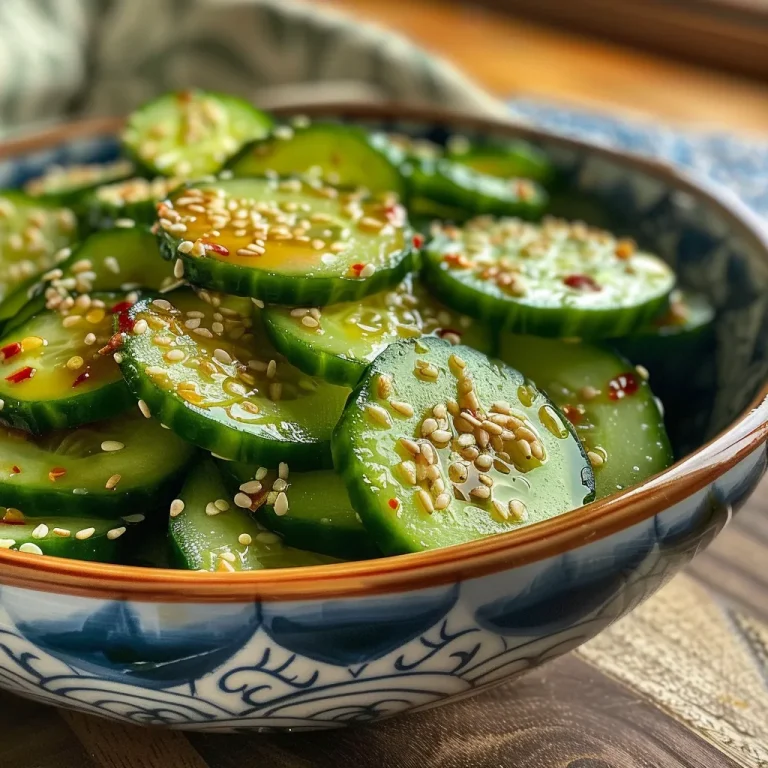 Close-up view of a vibrant cucumber salad featuring chili and sesame.