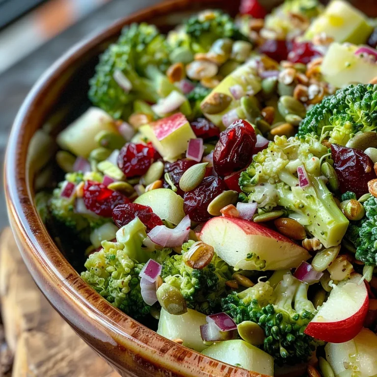 Close-up view of a fresh broccoli crunch salad with vibrant colors and textures.