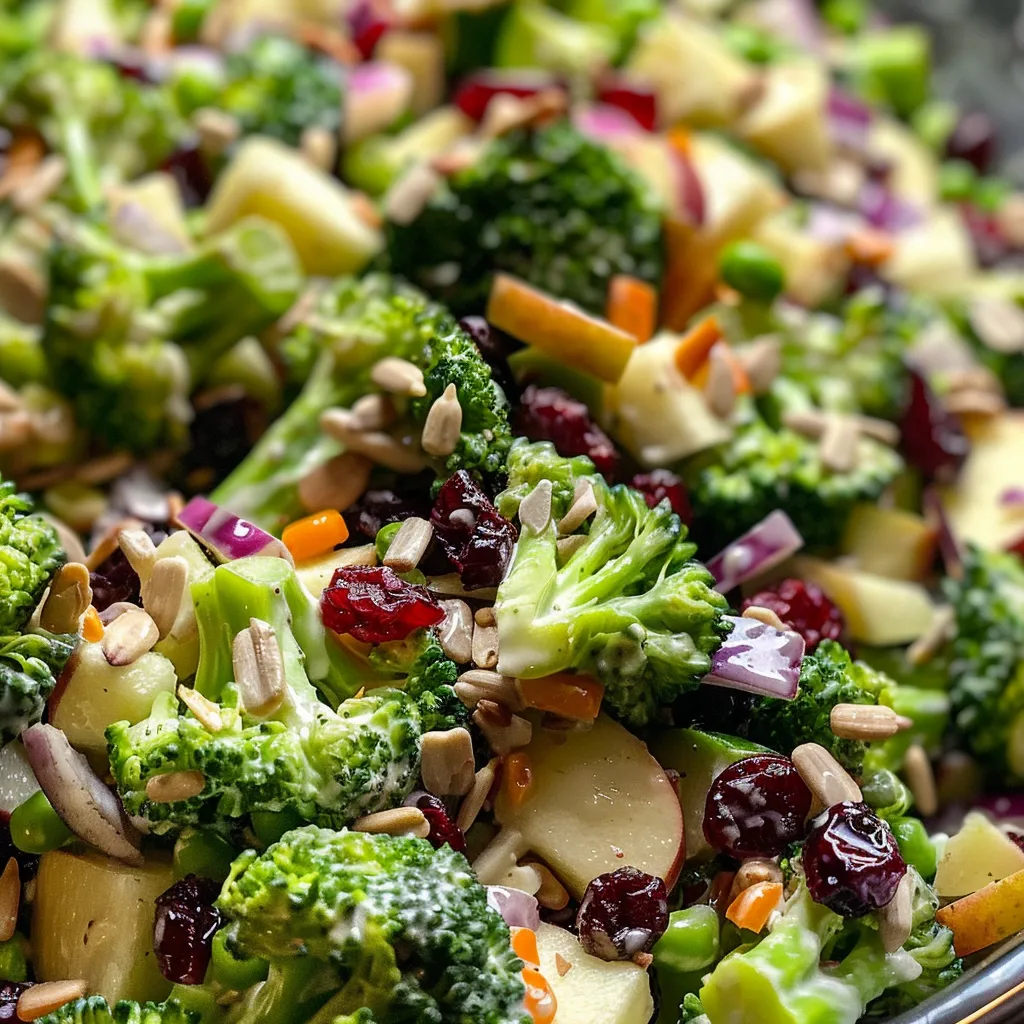 Side view of a colorful broccoli salad featuring apples, cranberries, and sunflower seeds.