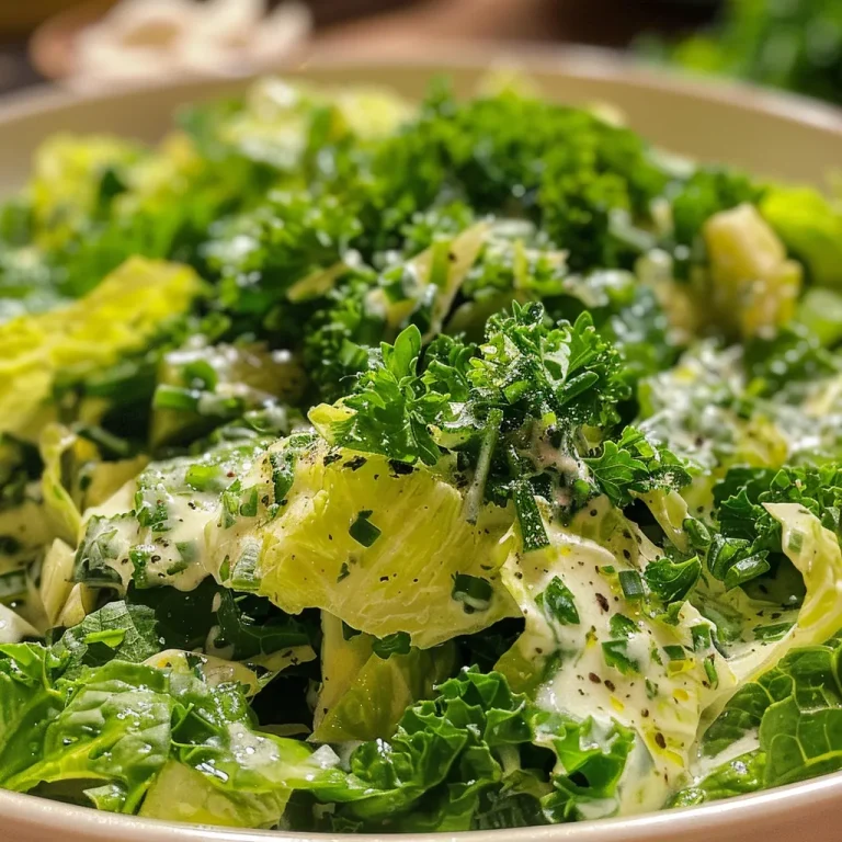 Close-up of a vibrant Fresh Green Goddess Salad featuring leafy greens and herbs.