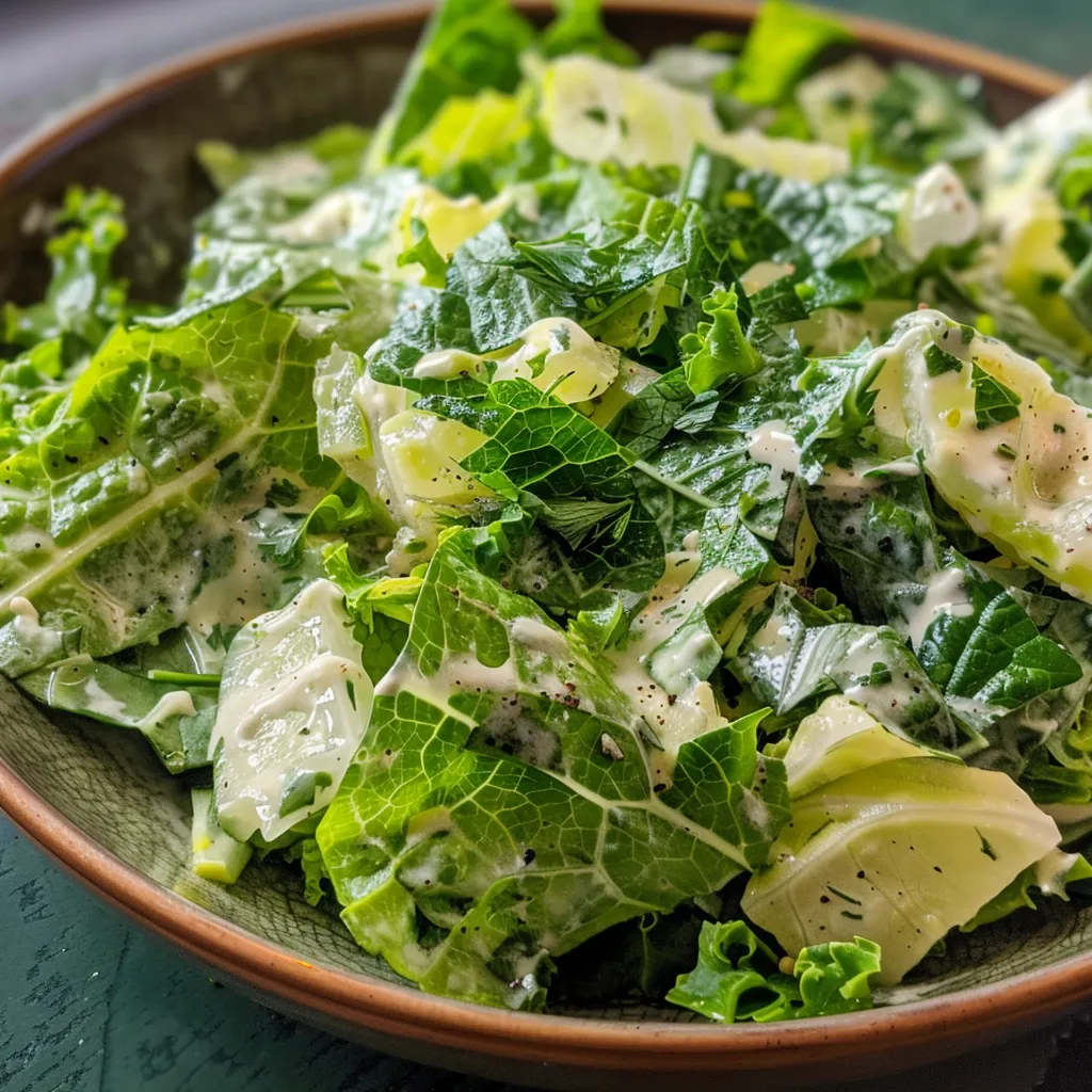 Side view of a Fresh Green Goddess Salad with colorful greens and creamy dressing.