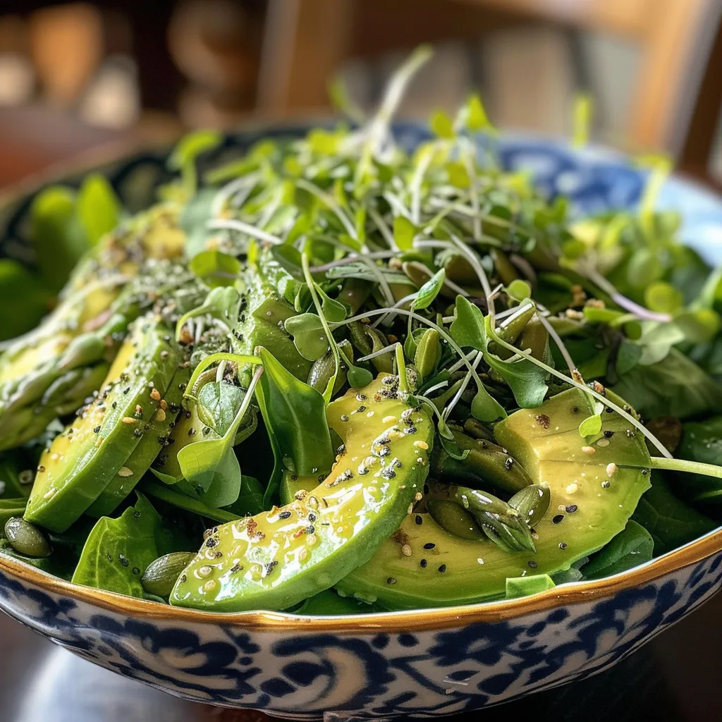 Side view of a delicious Green Goddess Salad with fresh ingredients visible, including avocado and spinach.