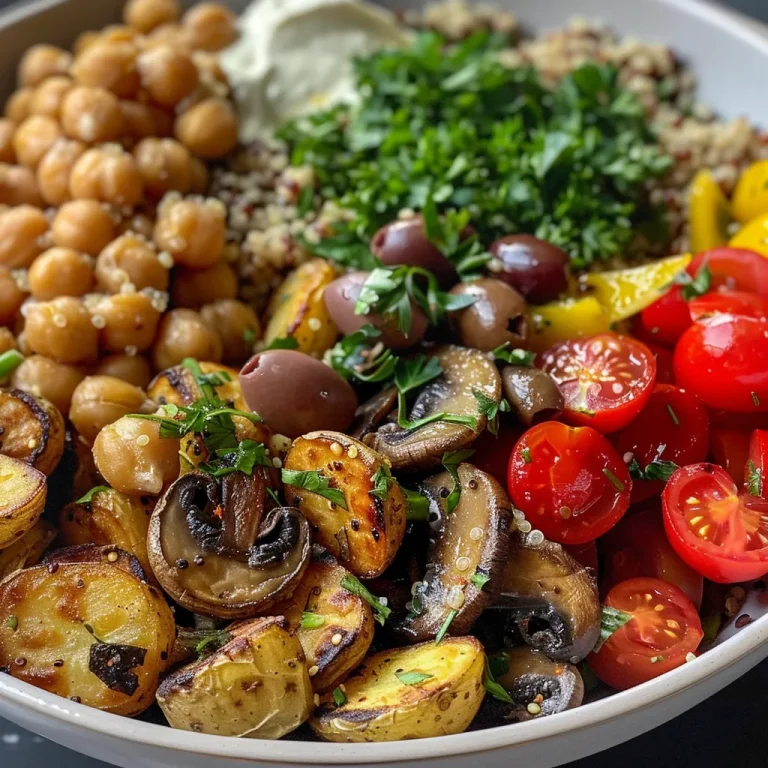 Close-up view of a colorful Hearty Roasted Vegetables and Quinoa Power Bowl with vibrant veggies and grains.