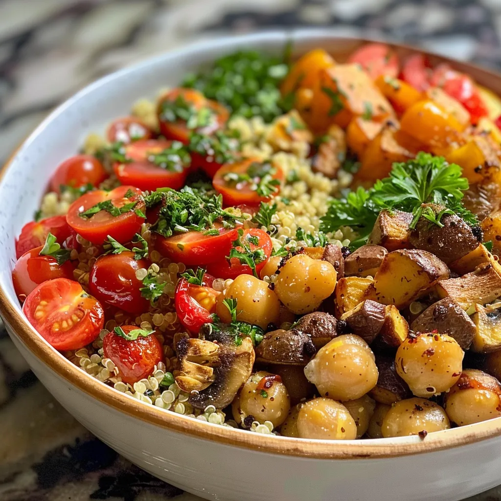 Side angle of a quinoa bowl featuring roasted vegetables, chickpeas, and fresh herbs.