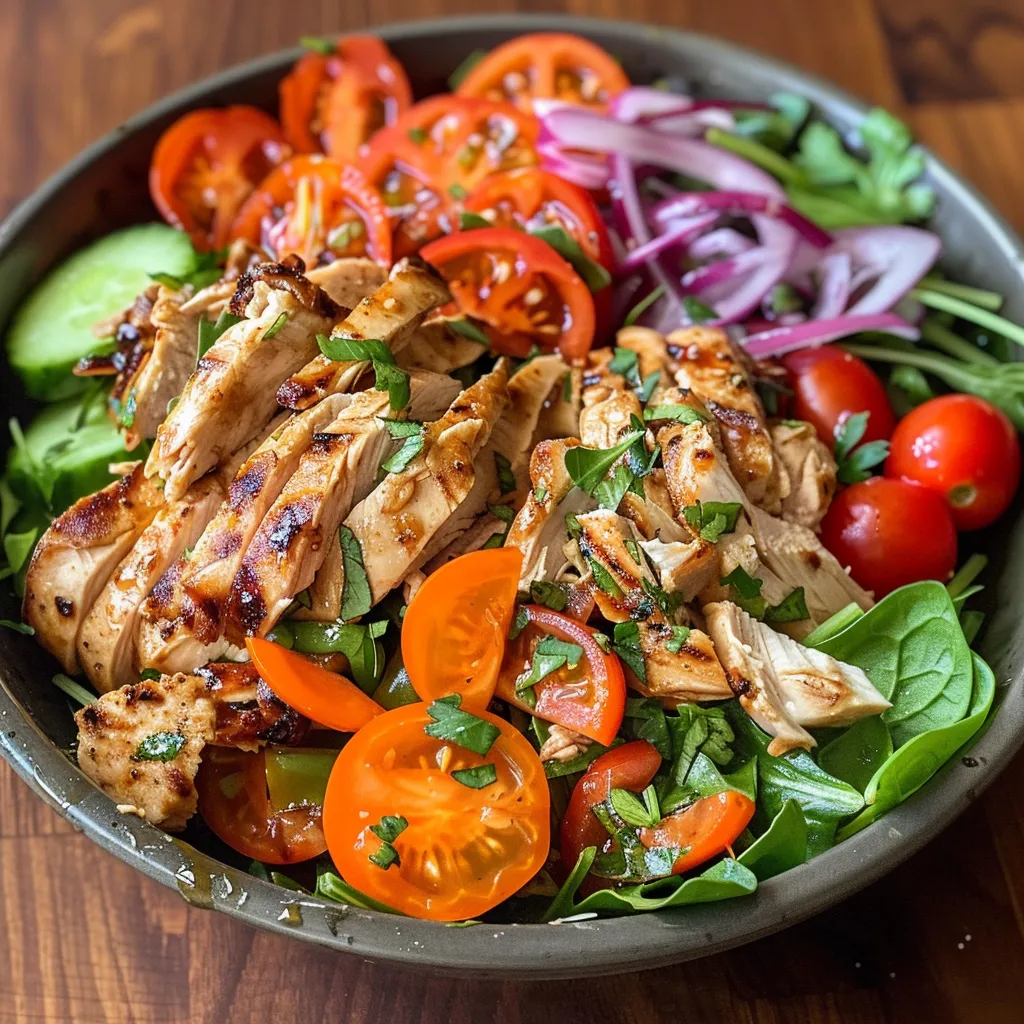 Side view of a vibrant Honey Chicken Salad featuring juicy chicken and cherry tomatoes.