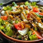 Close-up view of a Keto Big Mac Salad with layers of lettuce, ground beef, and toppings.