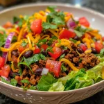 Close-up of a vibrant Keto Ground Beef Taco Salad with toppings.