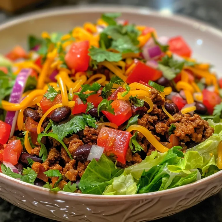 Close-up of a vibrant Keto Ground Beef Taco Salad with toppings.