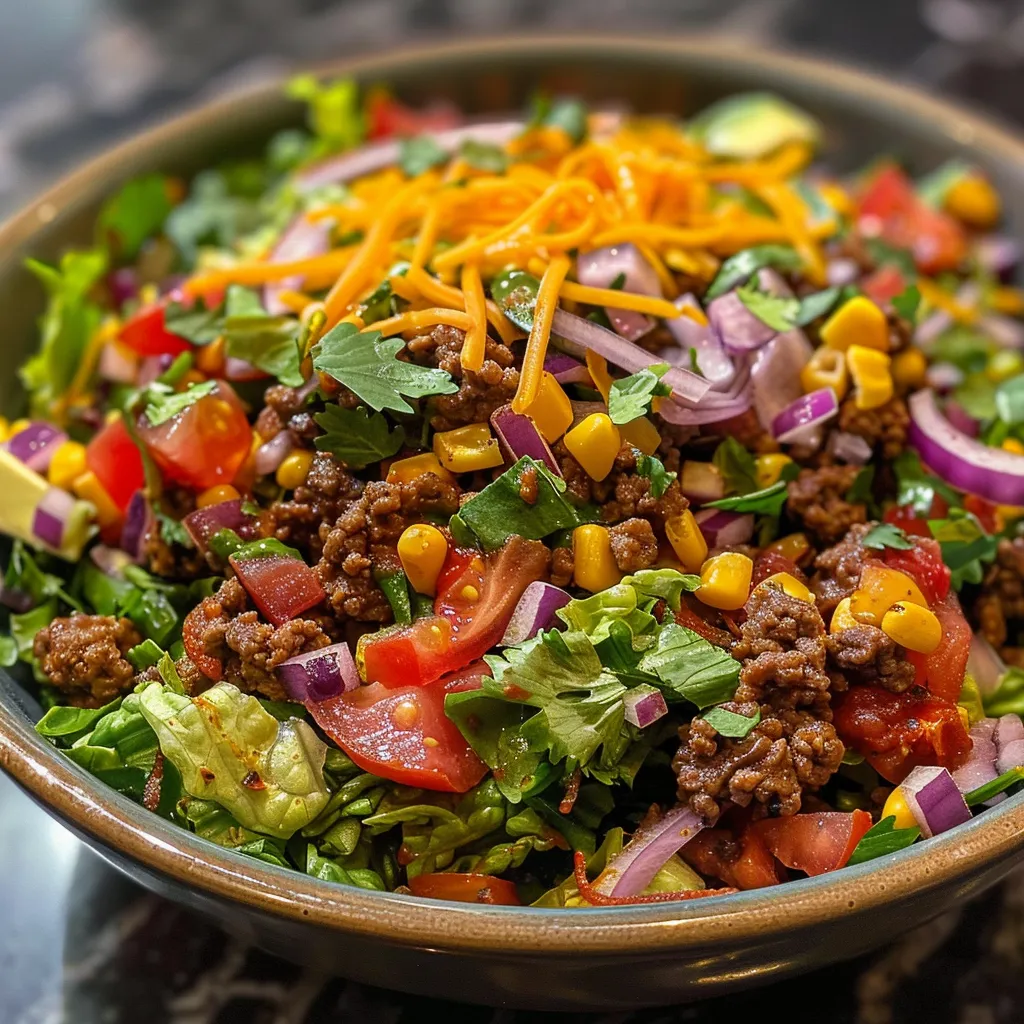 Juicy ground beef taco salad in a bowl, garnished with lettuce and cheese.