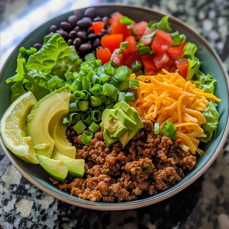 A close-up view of a vibrant Keto Taco Salad Bowl with colorful ingredients.