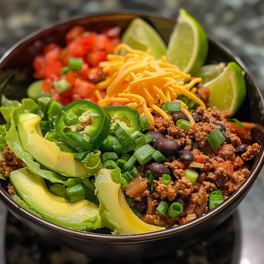 Juicy Keto Taco Salad Bowl featuring Romaine lettuce, ground beef, and avocado.