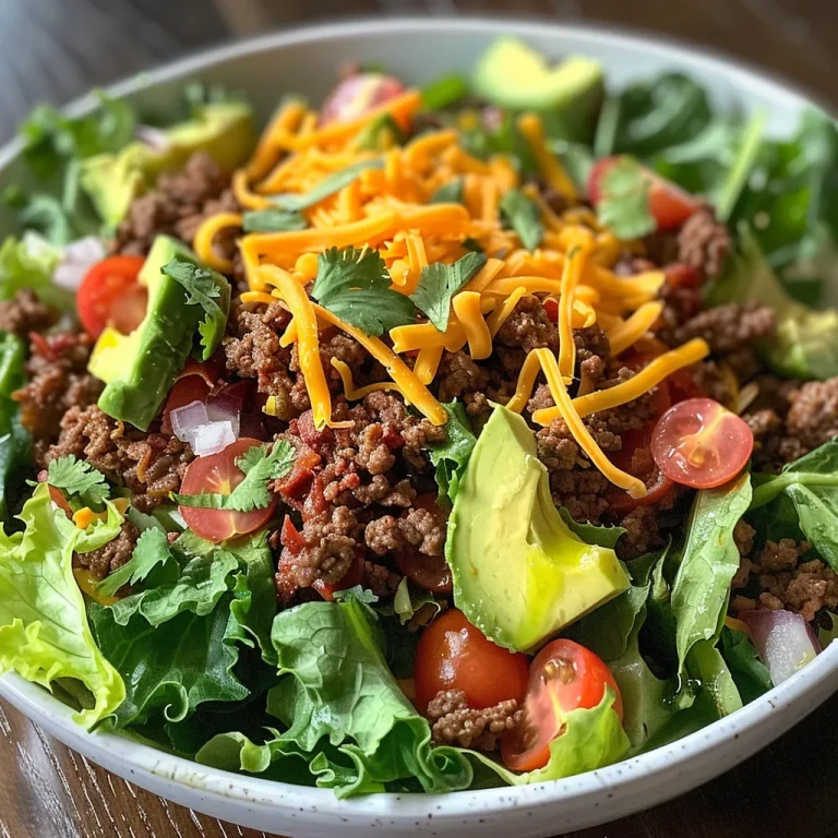 A close-up view of a colorful Keto Taco Salad with ground beef, cheeses, and fresh vegetables.